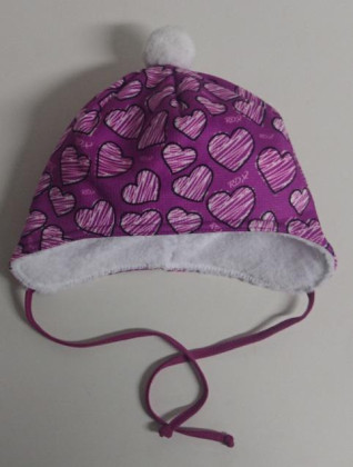 Zimní zavazovací čepice srdce fialová vel. 2 (44-46 cm)