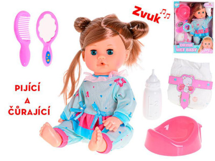 Panenka 33 cm pijící a čůrající se zvukem a doplňky 