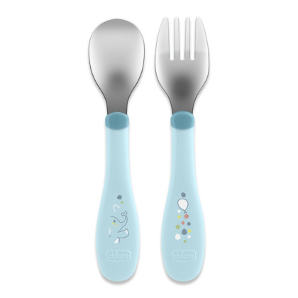 Lžička a vidlička nerez - teal 18 m+ Chicco