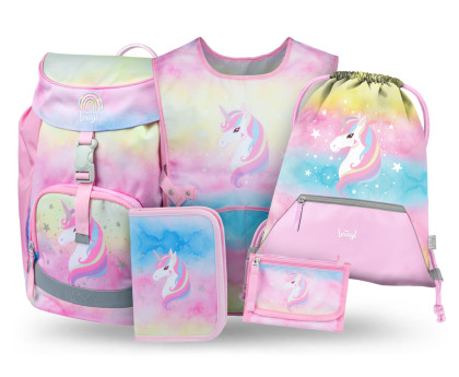 Set 5 Airy Rainbow Unicorn: batoh, penál, sáček, zástěra, peněženka Baagl