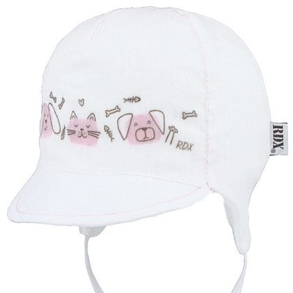 Kojenecká kšiltovka vázací bílo-růžová pejsek a kočička RDX
