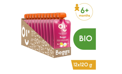 BIO Dětská rýže s jogurtem, banánem, mangem a malinami (120 g) 12 ks Beggs