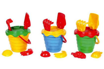 Sada na písek plast kbelík se sítkem 15x13cm, lopatka, hrabičky, 2 bábovky