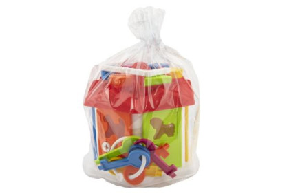 Vkládačka domeček plastový s klíčemi a zvířátky 19x20x19 cm 12 m+