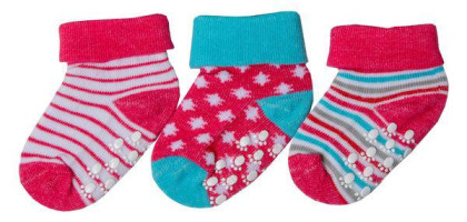 Bavlněné ponožky s protiskluzem červeno-modré proužky 0 - 6 měs  - 3 páry - VÝHODNÉ BALENÍ
