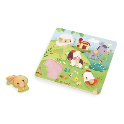 Dřevěné vkládací puzzle s úchytem Zvířátka Janod Farm