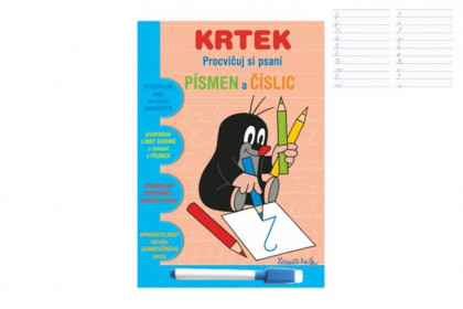 Stíratelný sešit "Procvičuj si písmena a číslice" + stíratelný popisovač - Krtek 1