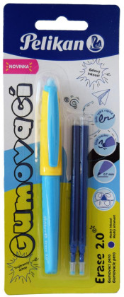 Gumovací pero Pelikan žluto-modré + 2 ks náplně