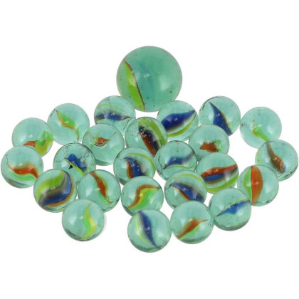 Kuličky cvrnkací skleněné různé velikosti v síťce 