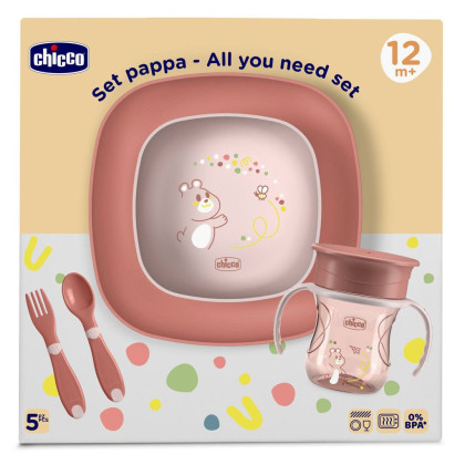 Set jídelní - miska, talíř, láhev a příbor 12 m+ Chicco