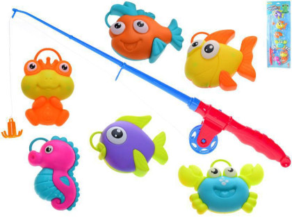 Hra rybář - rybářský prut 39 cm + mořská zvířátka 6 ks