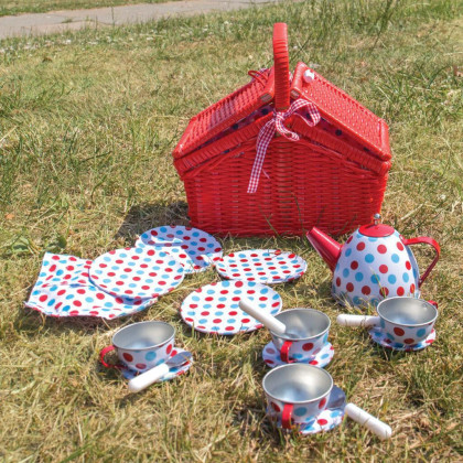 Čajová puntíkovaná sada v piknikovém koši Bigjigs Toys