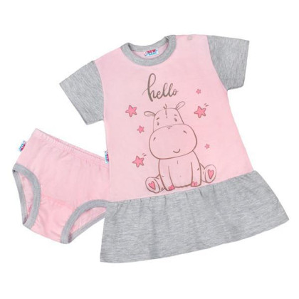 Letní noční košilka s kalhotkami New Baby Hello s hrošíkem růžovo-šedá 