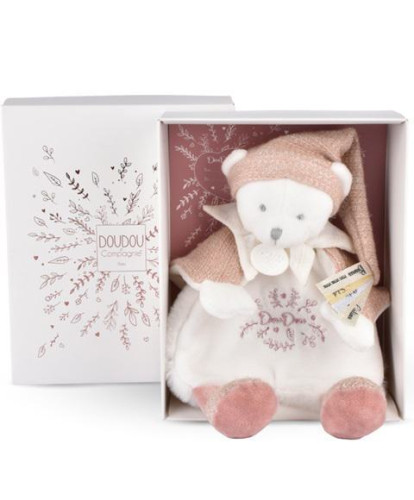 Dárková sada Plyšový muchláček medvídek s čepičkou růžový 25 cm Doudou
