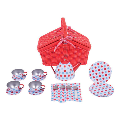 Čajová puntíkovaná sada v piknikovém koši Bigjigs Toys