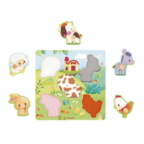 Dřevěné vkládací puzzle s úchytem Zvířátka Janod Farm