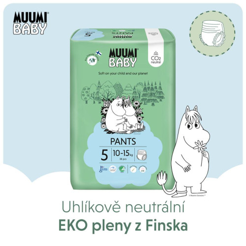 Jednorázové eko pleny Pants 5 Maxi+ 10-15 kg (114 ks), měsíční balení Muumi baby