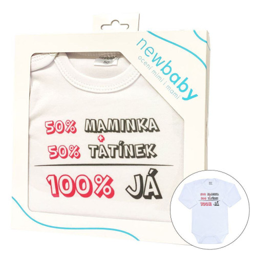 Body s potiskem New Baby 50% Maminka + 50% Tatínek 100% JÁ růžové - dárkové balení