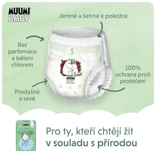 Jednorázové eko pleny Pants 5 Maxi+ 10-15 kg (114 ks), měsíční balení Muumi baby