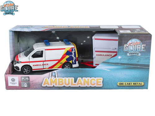 VW Transporter ambulance kov zpětný chod s přívěsem Kids Globe Traffic