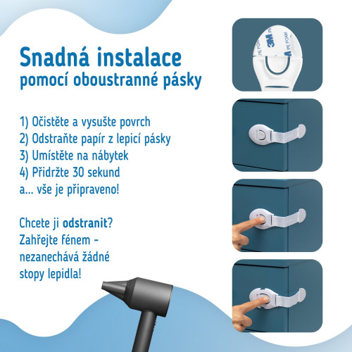 Bezpečnostní zámek (pásek) na skříňky a zásvuky, sada 10 ks textilní-bílá Sipo