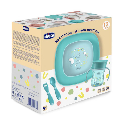 Set jídelní - miska, talíř, láhev a příbor 12 m+ Chicco