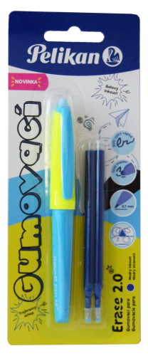 Gumovací pero Pelikan neonově modré + 2 ks náplně