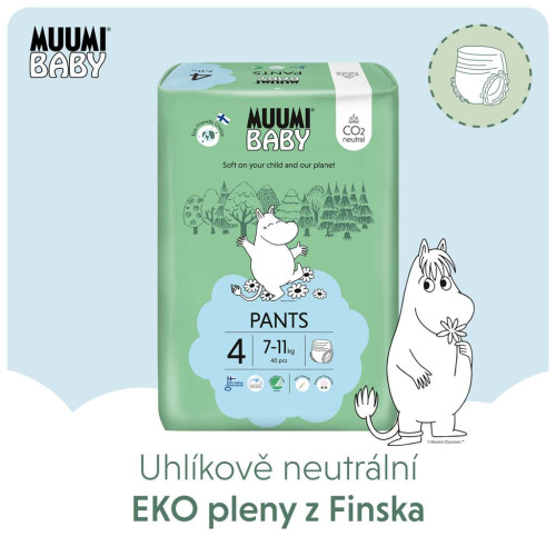 Jednorázové eko pleny Pants 4 Maxi 7-11 kg (120 ks), měsíční balení Muumi Baby