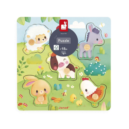 Dřevěné vkládací puzzle s úchytem Zvířátka Janod Farm