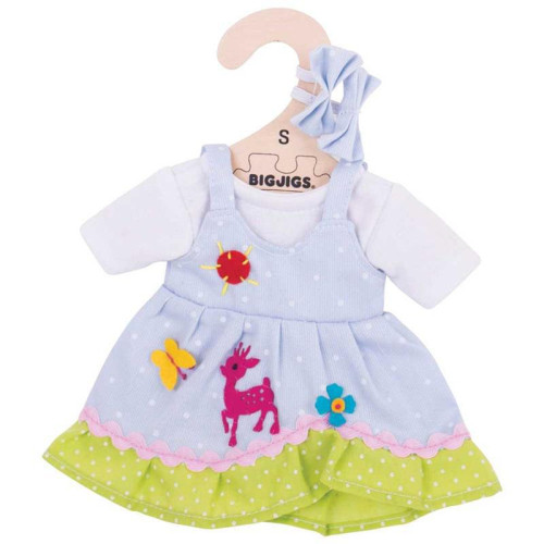 Modré puntikované šaty s jelenem pro panenku Bigjigs Toys