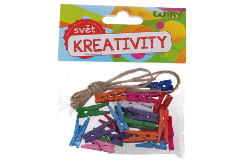 Kolíčky barevné 2,5 cm, 25 ks + provázek