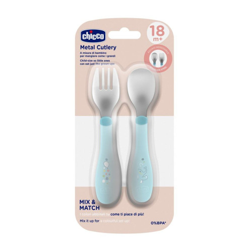 Lžička a vidlička nerez - teal 18 m+ Chicco