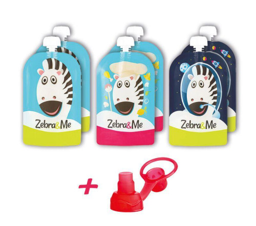 Kapsičky na dětskou stravu pro opakované použití Zebra&Me 6 ks + náustek ZDARMA
