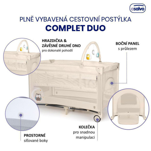 Complet duo cestovní postýlka s druhým dnem a hrazdičkou Asalvo