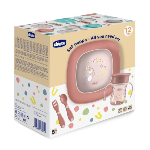 Set jídelní - miska, talíř, láhev a příbor 12 m+ Chicco