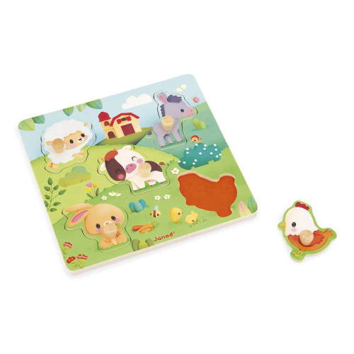 Dřevěné vkládací puzzle s úchytem Zvířátka Janod Farm