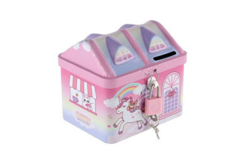 Pokladnička domeček jednorožec plechová se zámkem