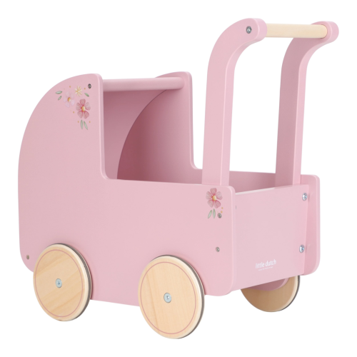 Kočárek pro panenky dřevěný s peřinkou Pink Little Dutch