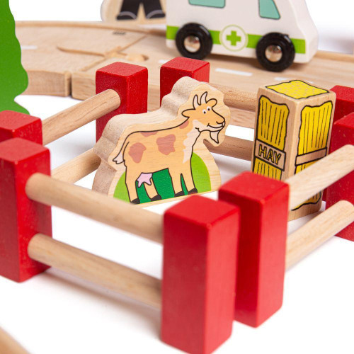 Dřevěná vláčkodráha s venkovskou cestou 80 dílů Bigjigs Rail