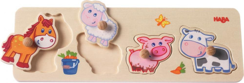 Dřevěné vkládací puzzle s úchytem Mláďátka na farmě Haba