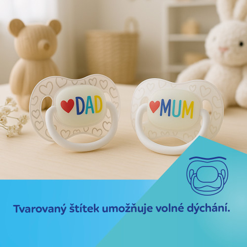 Dudlík svítící silikonový symetrický Love Mum & Dad 0 - 6 m, 2 ks Canpol babies