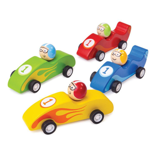 Barevné dřevěné závodní auto 1ks Bigjigs Toys