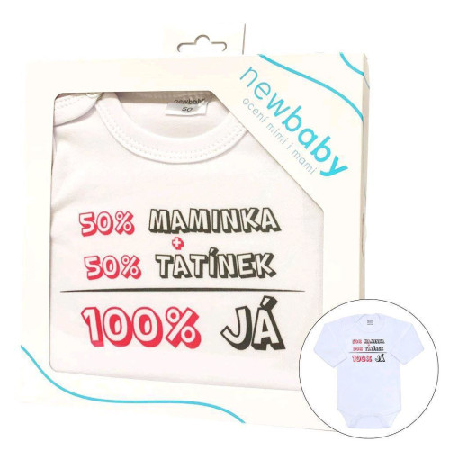 Body s potiskem New Baby 50% Maminka + 50% Tatínek 100% JÁ růžové - dárkové balení
