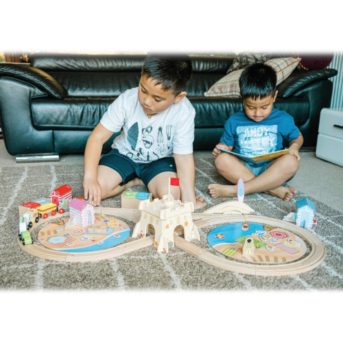 Dřevěná vláčkodráha Úklid pobřeží 70 dílů Bigjigs Rail