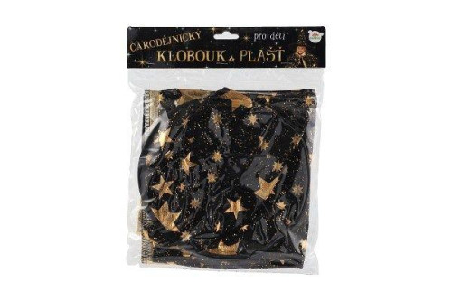 Klobouk čarodějnický + plášť černo-zlatý, průměr 38 cm