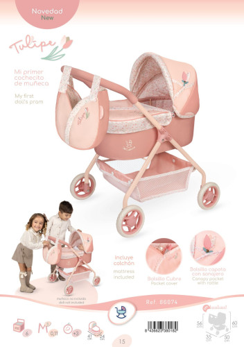 Můj první kočárek pro panenky s taškou Tulipe 56 cm DeCuevas