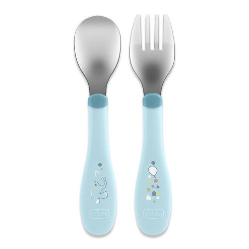 Lžička a vidlička nerez - teal 18 m+ Chicco