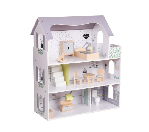 Dřevěný domeček pro panenky s nábytkem Rose Montessori Baby Mix