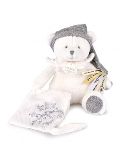 Dárková sada Plyšový medvídek s úchytem na dudlík a dečkou šedý 20 cm Doudou