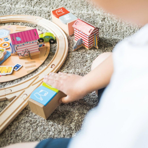 Dřevěná vláčkodráha Úklid pobřeží 70 dílů Bigjigs Rail